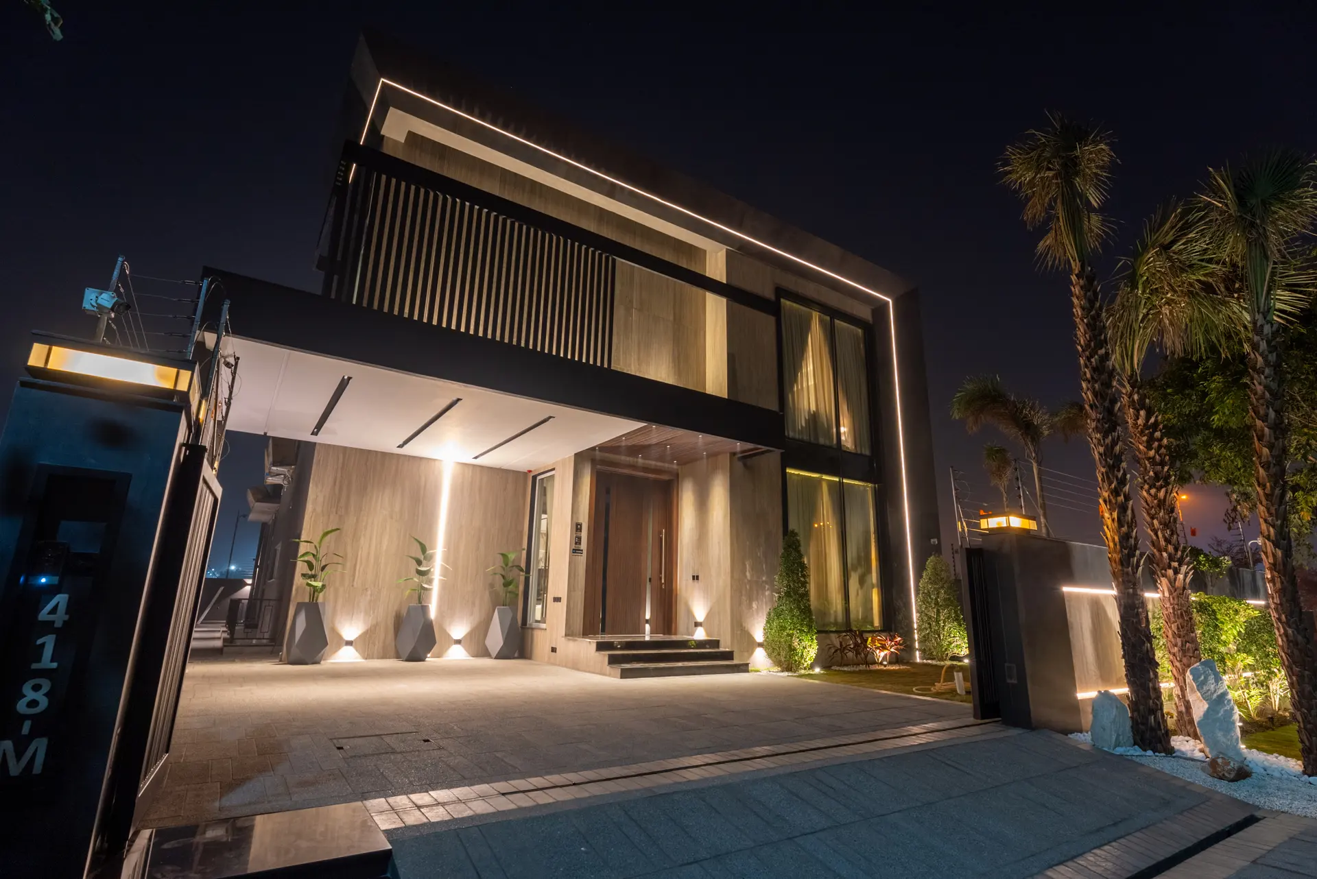 418-M dusk exterior photograph 1
